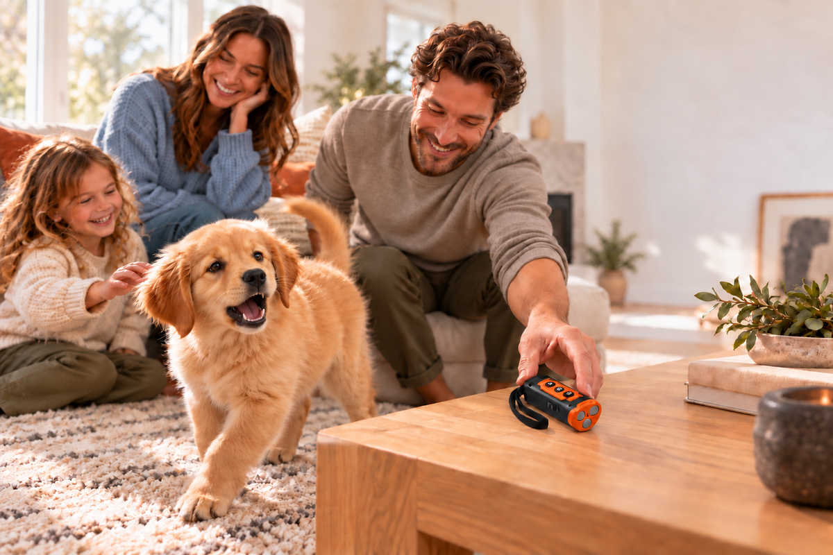 A family at home with their golden retriever puppy and the BARKKY trainer on the table