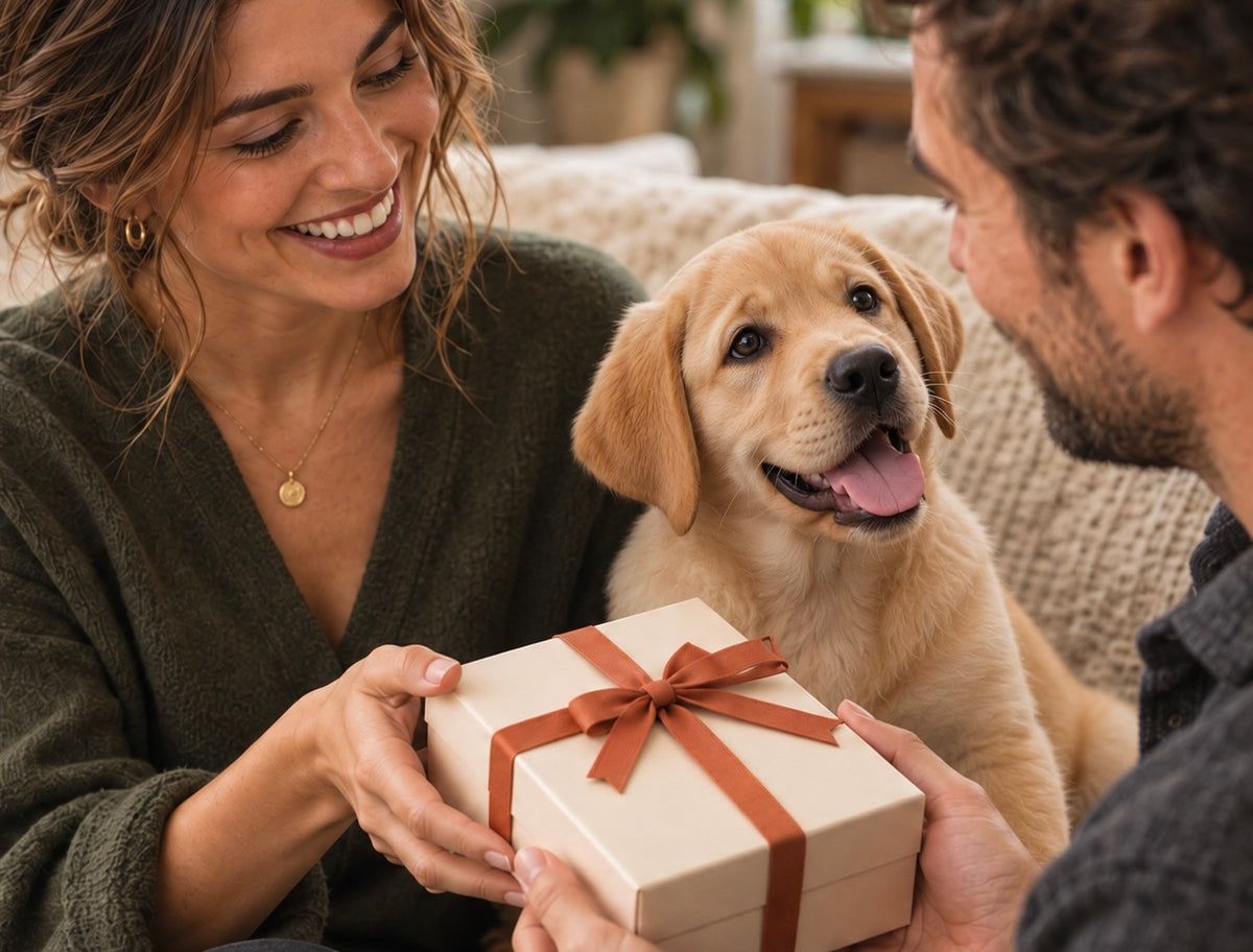 A couple and their cocker spaniel with a gift box at home