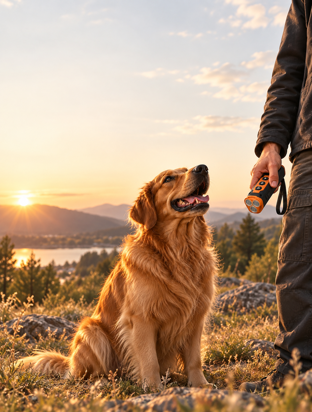 Golden retriever sitting beside its owner holding the BARKKY trainer at sunset