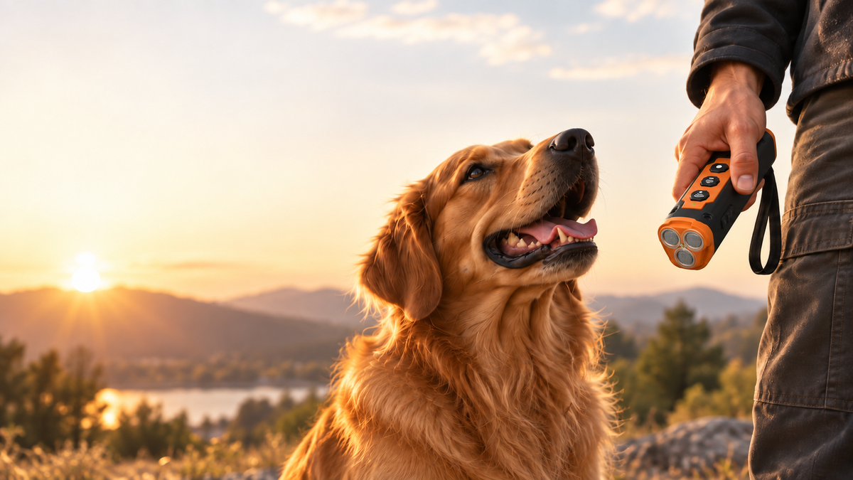Golden retriever looking up at the BARKKY handheld trainer at sunset