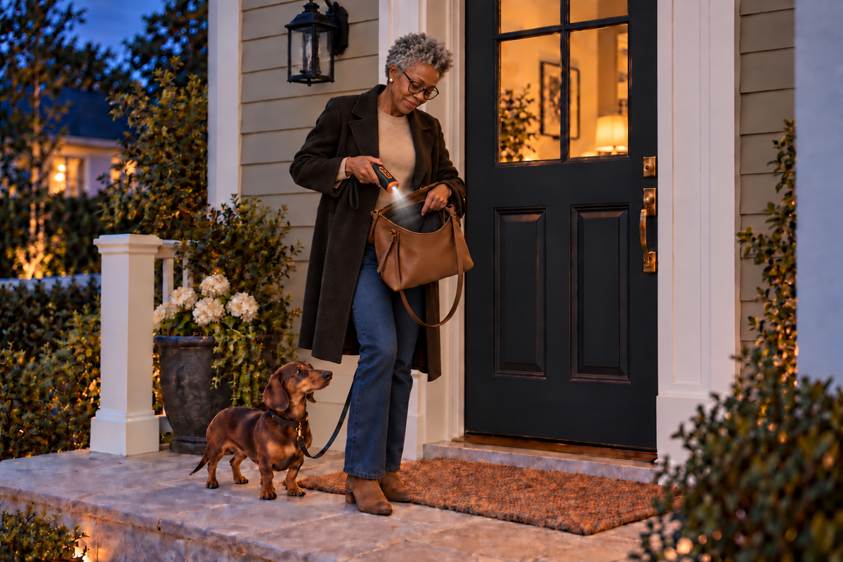A dog owner using the BARKKY built-in LED to light her bag at the door after an evening walk