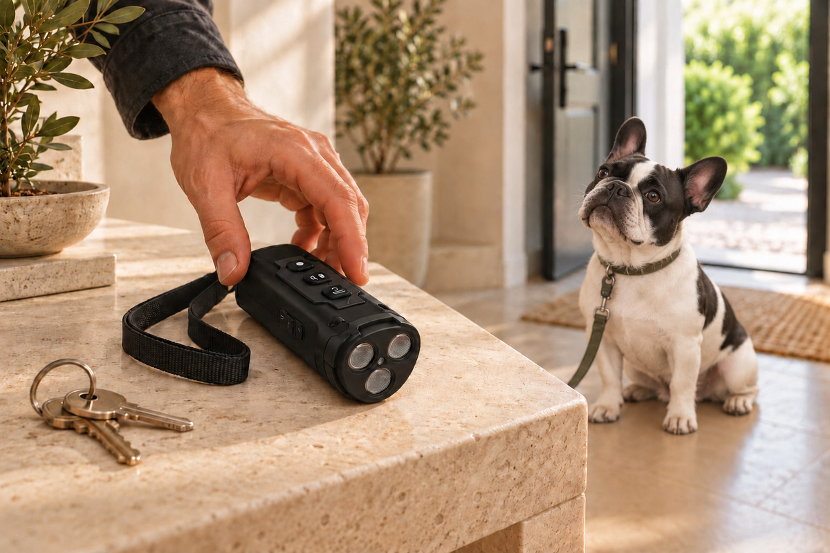 A dog owner holding Barkky beside their dog at home